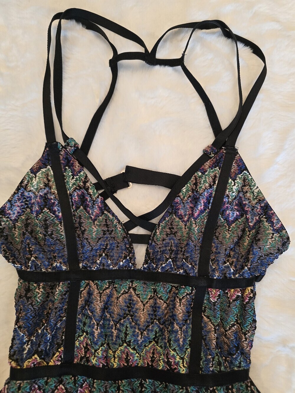Topshop Multicolor Zigzag Mesh Bodysuit with Black Strappy Trim (NWT) - Picture 4 of 13